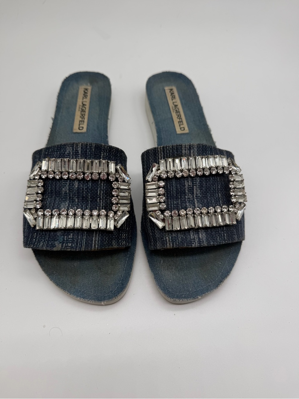 Karl Lagerfeld Denim Slide Sandals with Crystal Buckle - Blue Sz 8 US